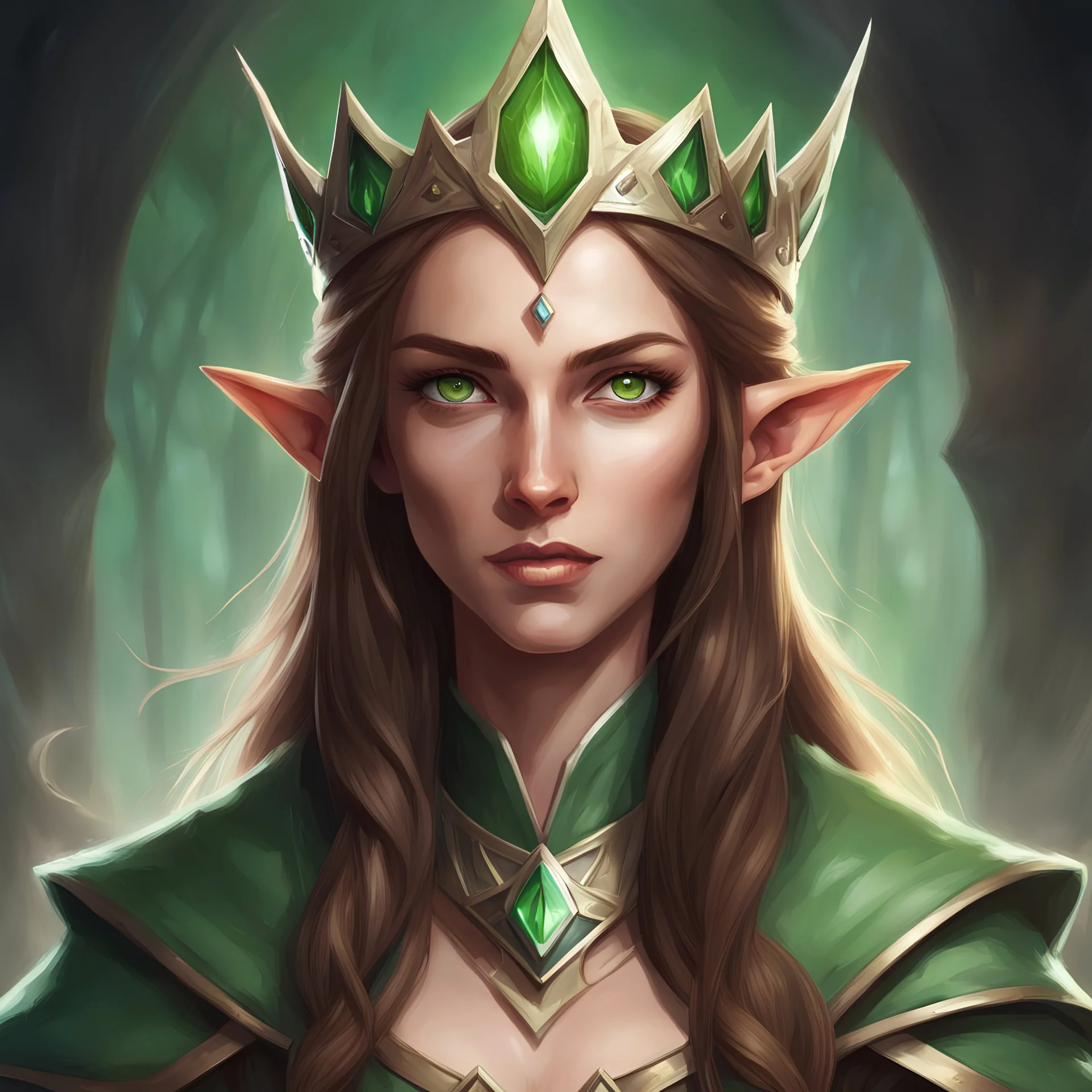 Generate a dungeons and dragons character portrait of a female high elf wizard with brown hair and green eyes. She looks calm. She looks very powerful and dangerous. She wears an elvish crown