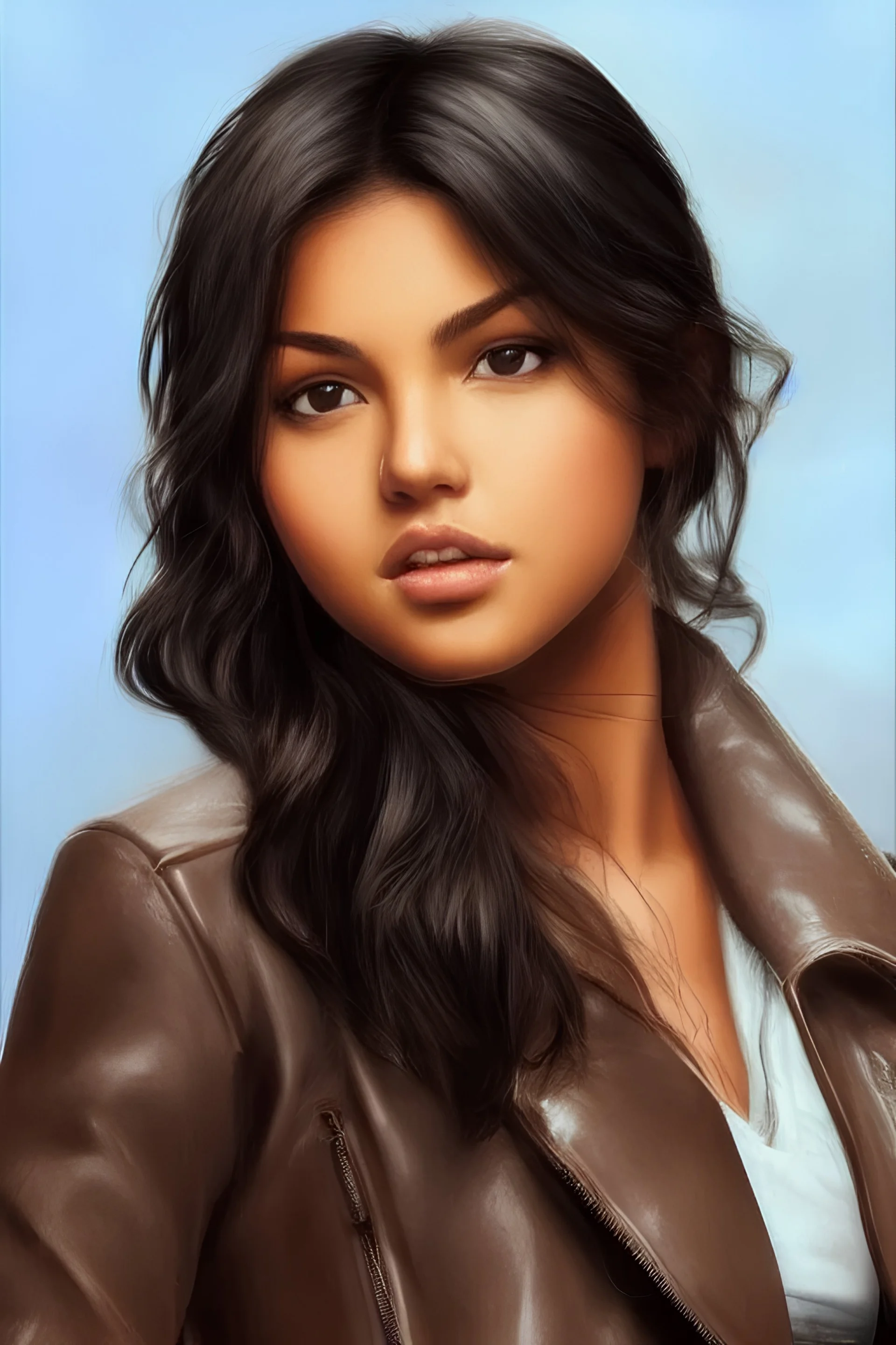 pristine full face portrait of beautiful natural isabela moner, au naturel, sexy, smirking, intricate, elegant, detailed light brown eyes, leather jacket, digital painting, artstation, concept art, smooth, sharp focus, illustration, pivot on face, art by omar ortiz