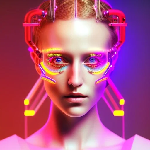 singer Danish MØ face, lumen lighting, led lights, <hanging wires> many wires connected to the head<perfect pupil> <cyborg> <garage> <sci-fi futuristic>