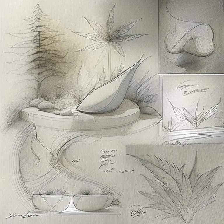 Design a comp[osite that potrays pleasure and relaxation derived from indulging in hash and weed, using elements like soft textures, hazy, and gentle curves to evoke a sense of tranquility and bliss. pencil sketch without rendering, shading and filling