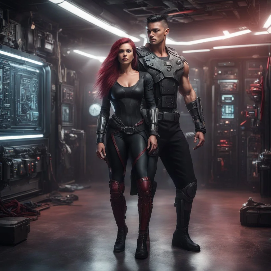 Hyper Realistic Young handsome muscular man with-short-black-hair & a soul patch wearing a skintight black long sleeve shirt cybernetic armor utility belt has weapons on it dancing with a beautiful-lady-with-long-maroon-hair wearing-circuit-patterned-gown in an underground control room with cinematic & dramatic ambiance"