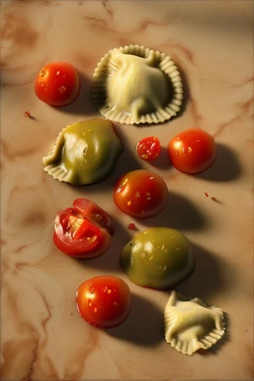 Raviolis composite with cherry tomato and albahaca, olive oil. renaissance style still life, moisture, art, natural, ornaments, marble, gold, high kitchen, smooth, gradient color background, unreal engine 5, ray tracing, RTX, lumen lighting, ultra detail, volumetric lighting, 3d.