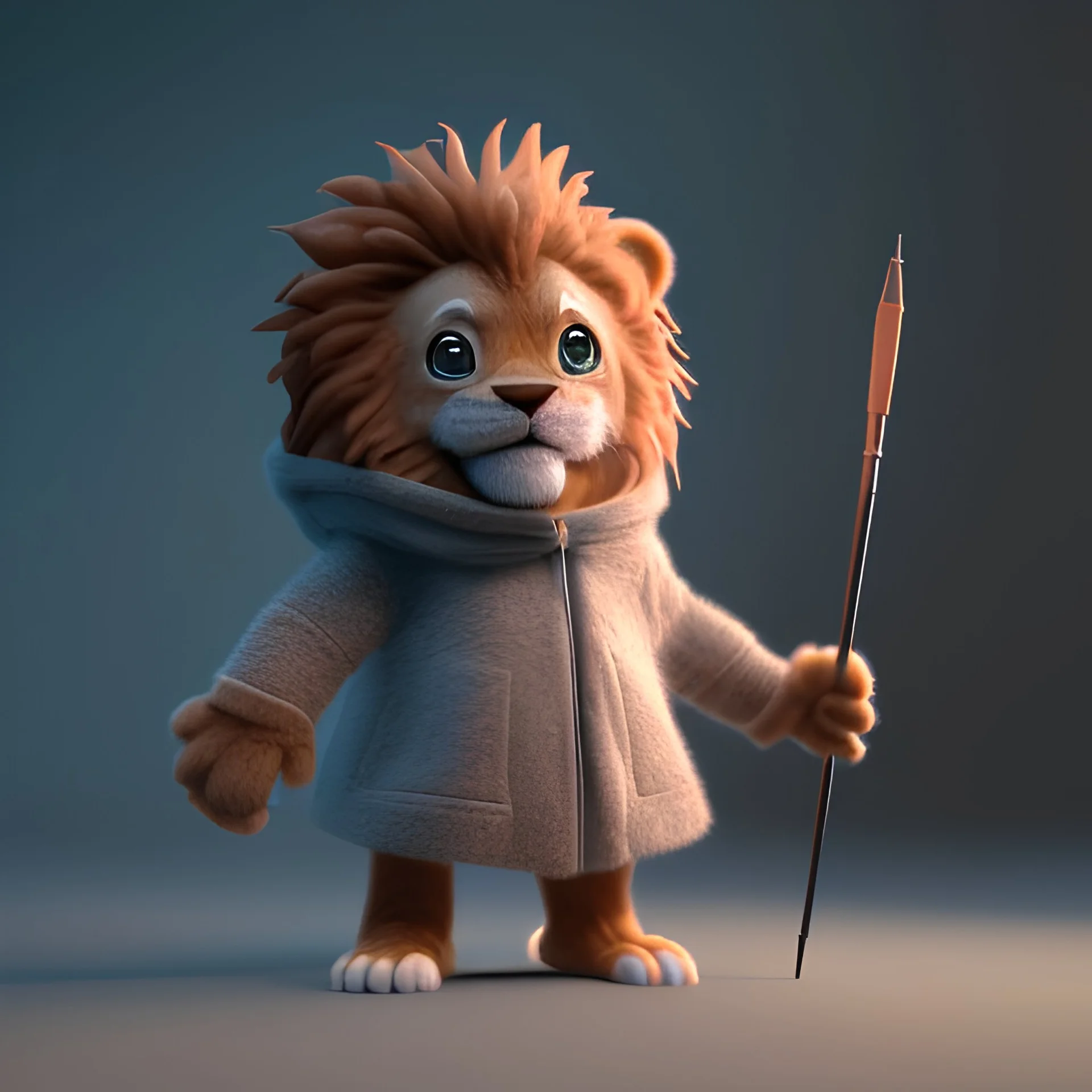 Concept art of Little mascot lion wearing a hoodie (Pixar art style)++, highly detailed, digital painting, art stations, concept art, smooth, unreal engine 5, god rays, ray tracing, RTX, nanite polygons, lumen lighting, ultra detail, volumetric lighting, 3d, detailed anime, finely drawn, high definition, high resolution, cartoon [ animation, cartoon, drawing, painting, low res, cropped, watermark, jpeg artifacts, low quality, normal quality, bad anatomy, text error, worst quality, blurry thousan