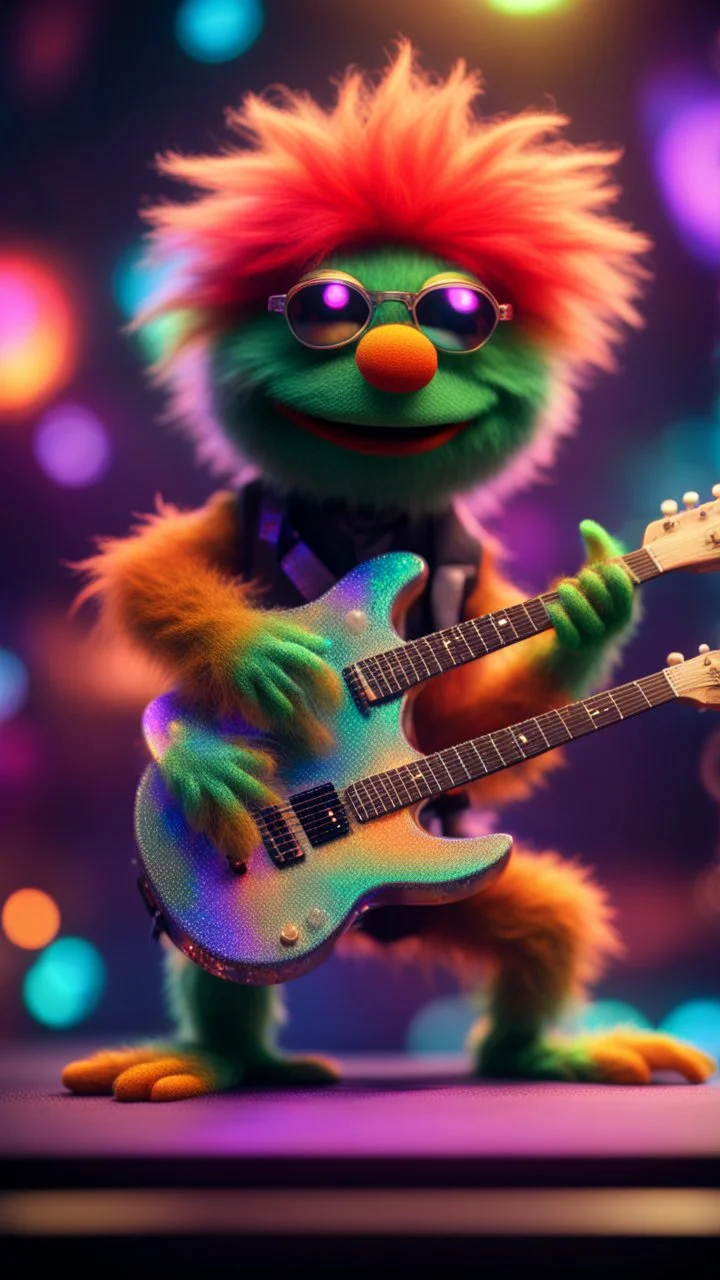 a psychedelic fuzzy muppet show gekko gremlin rock star with space laser transparent prismatic guitar in the style of Escher, bokeh like f/0.8, tilt-shift lens 8k, high detail, smooth render, down-light, unreal engine, prize winning