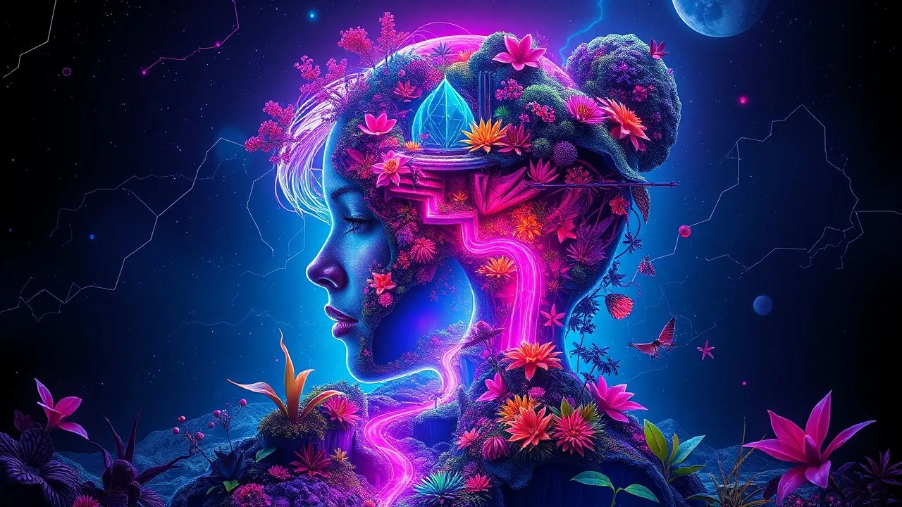 A futuristic, neon, synthwave inspired mental landscape shaped like a woman, with multiple layers and dimensions, reminiscent of a double exposure effect, inspired by the surreal style of Igor Morskoy and the eco-futuristic architecture of Vincent Callebaut, incorporating the mathematical harmony of the Fibonacci sequence, with lush, vibrant and eerie flora seamlessly merging with the contours of the woman, as if her thoughts and emotions have taken on a life of their own, with flickering, pulsa