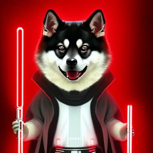 darth shiba inu sith lord with signel red light saber glowing