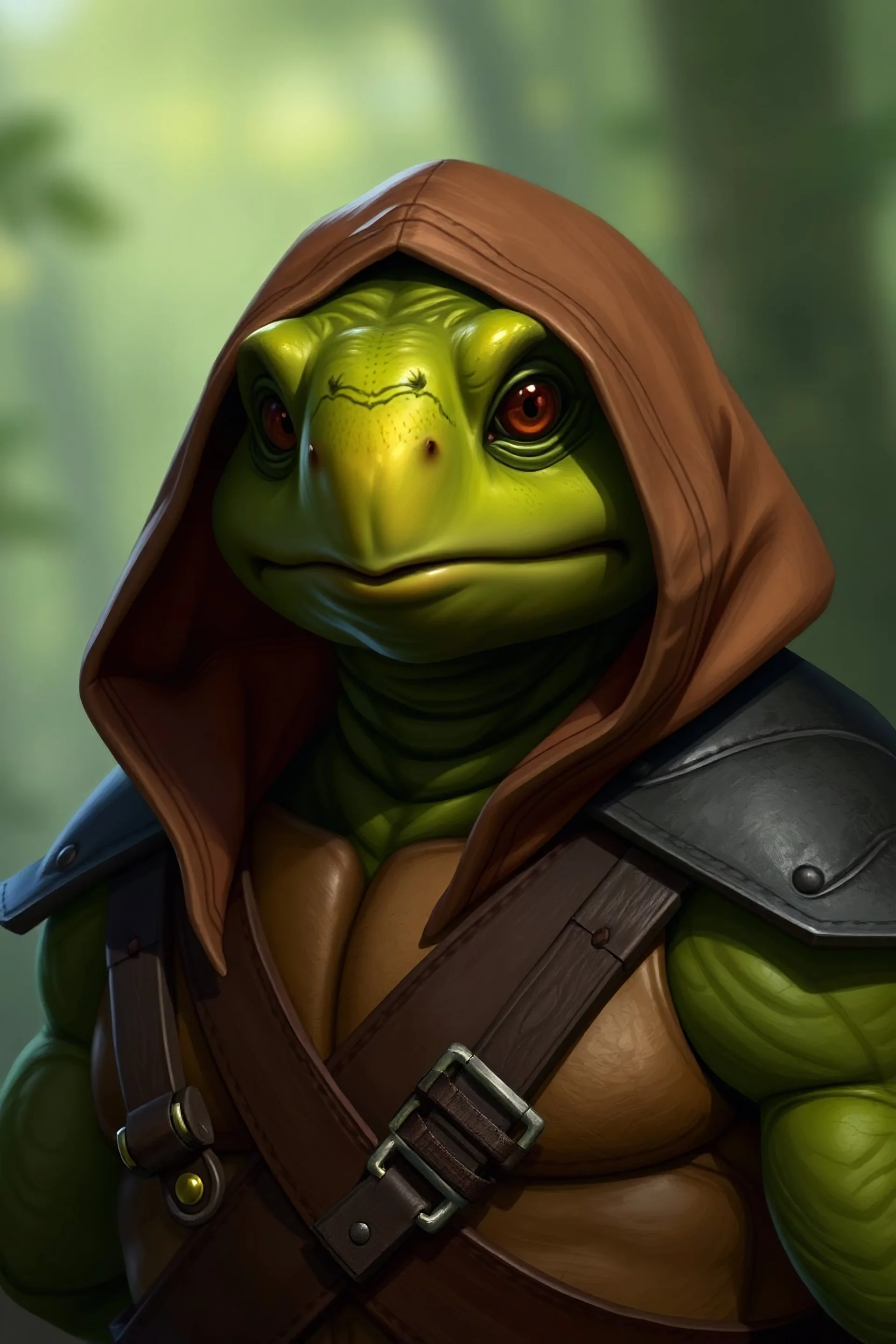 Generate a portrait of a male tortle. He is a ranger. His skin is green. His shell is brown. He wears hooded leather armor. His eye color is brown. He looks wise. He is from the forest.