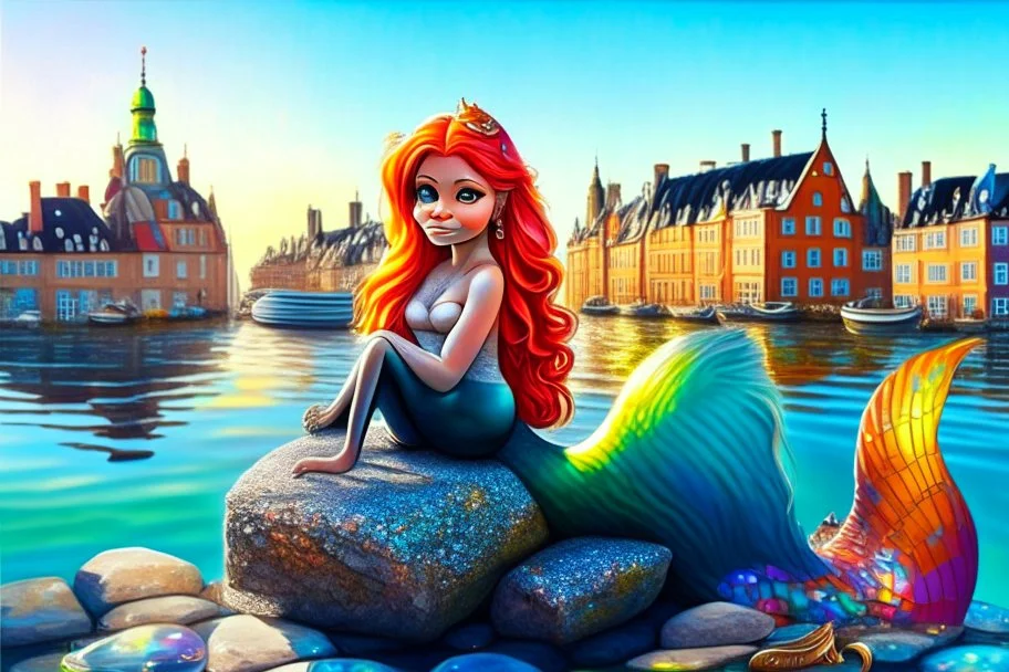 A beautiful and cute contented little mermaid sits on a rock in Copenhagen, in the water, her fins metallically shimmering and covered with precious colorful gems, with the buildings of Copenhagen in the background in the sunlight