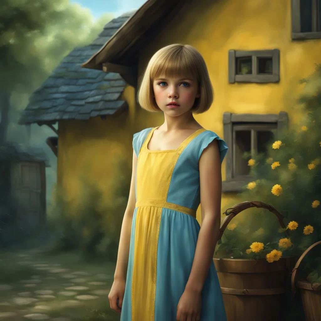 thin 12 year old girl with very short hair, blue eyes, wearing a pretty yellow summer dress, outside a small house , photorealistic, dark fantasy