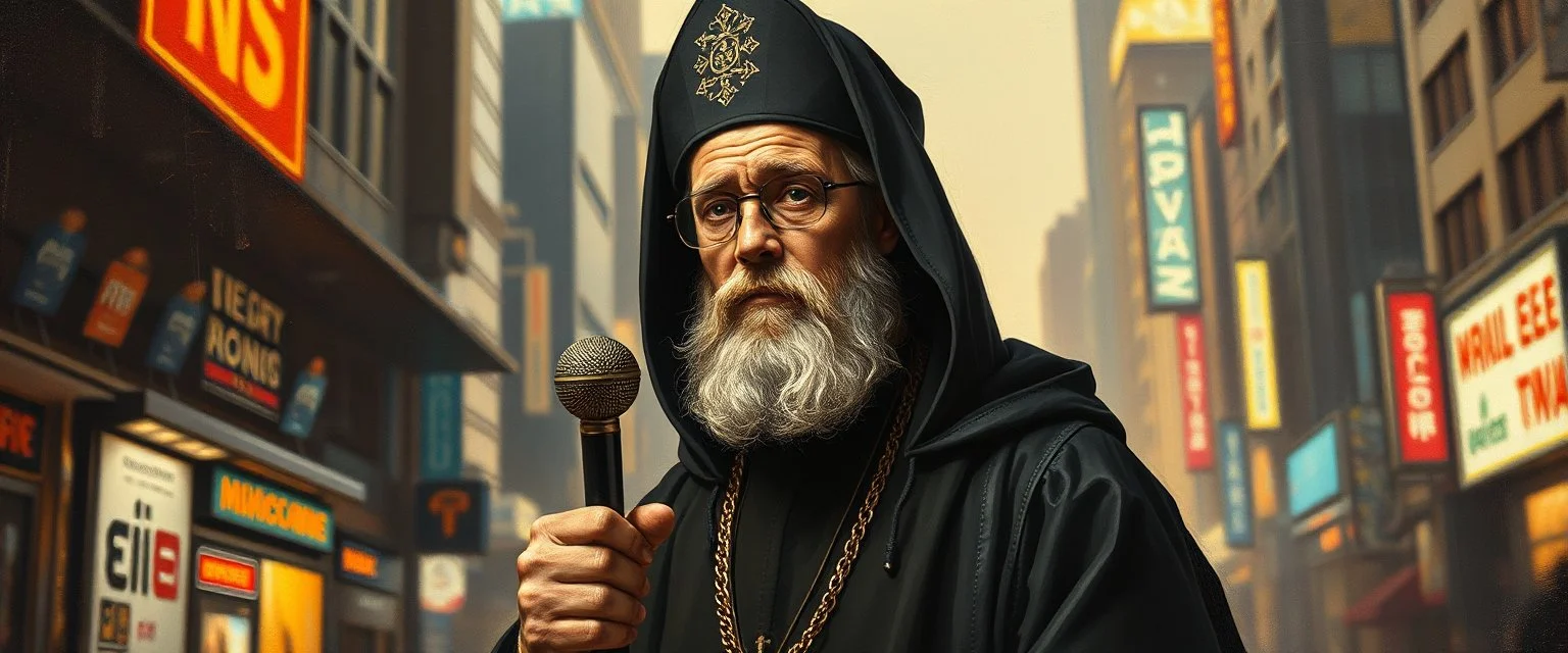 master oil painting by Rembrandt, good afternoon cyberpunk priest, in the middle of high tech city