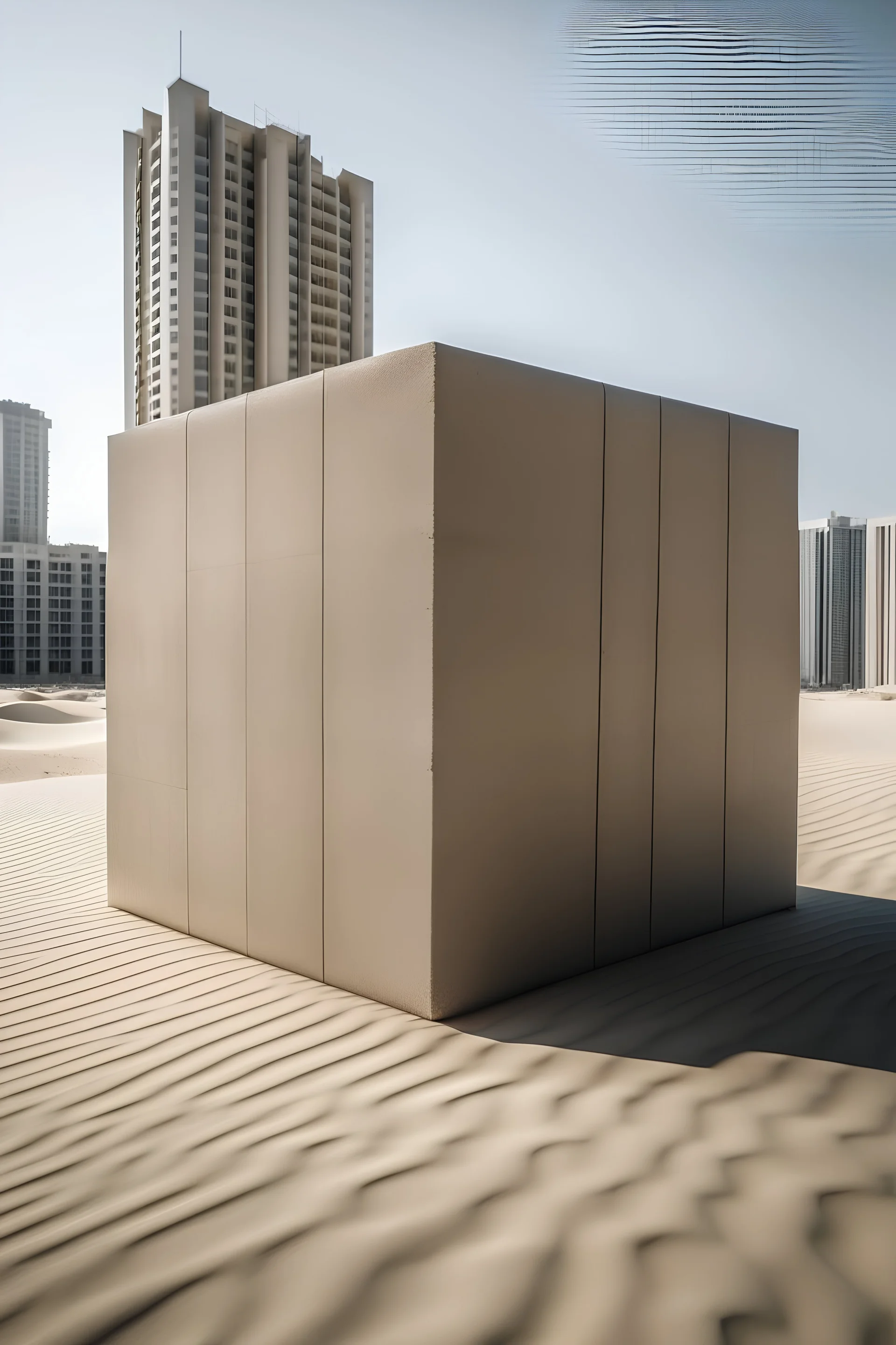 Big sand cube in the middle of a modern city