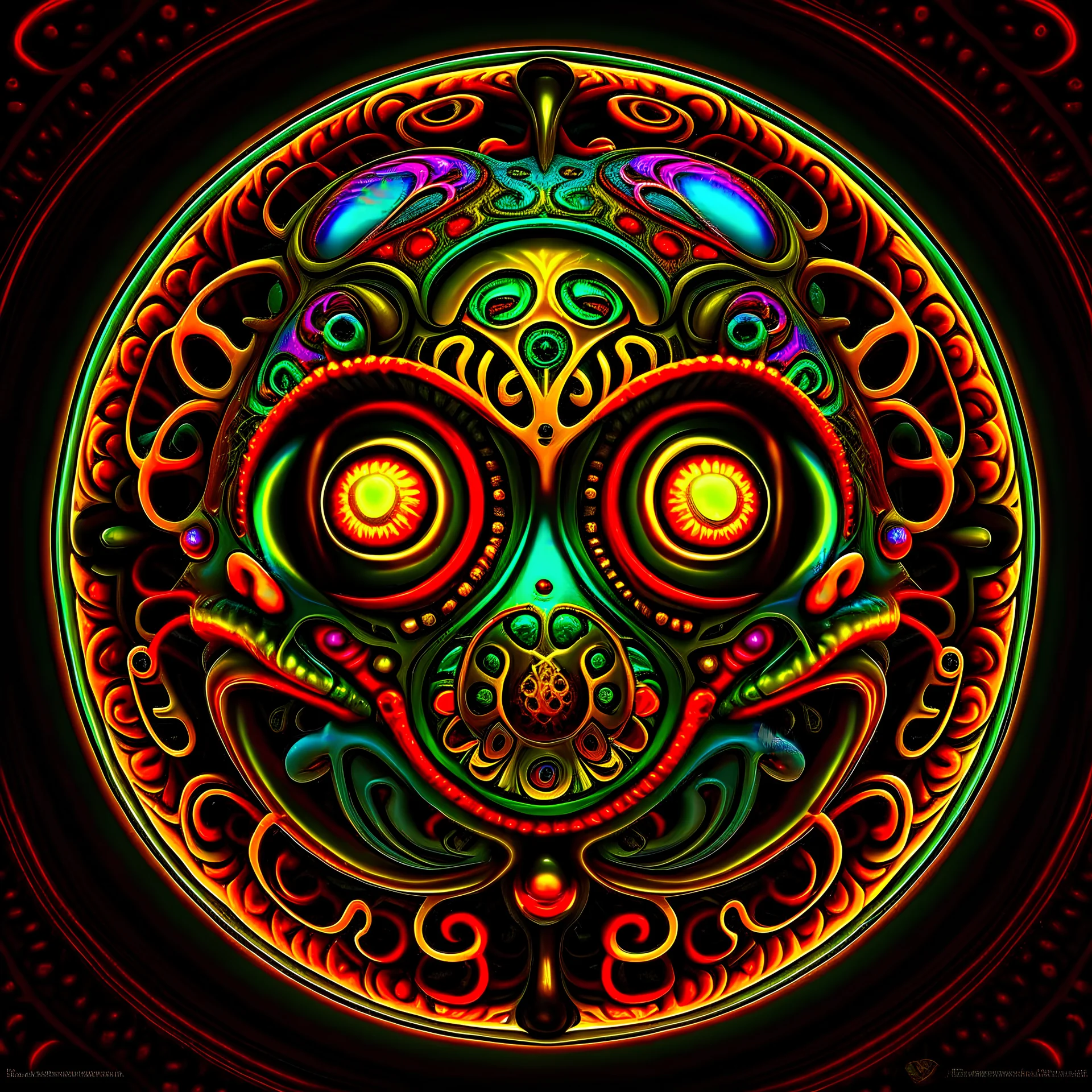 hyper detailed colorful subtractive sphere fractal design showing a glowing alien inside.