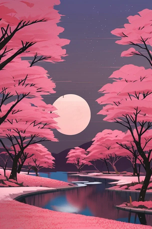 a land scape of Japanese garden, big red moon, red light, black sky, starlight night , surrounded by cherry blossom trees, cel shading