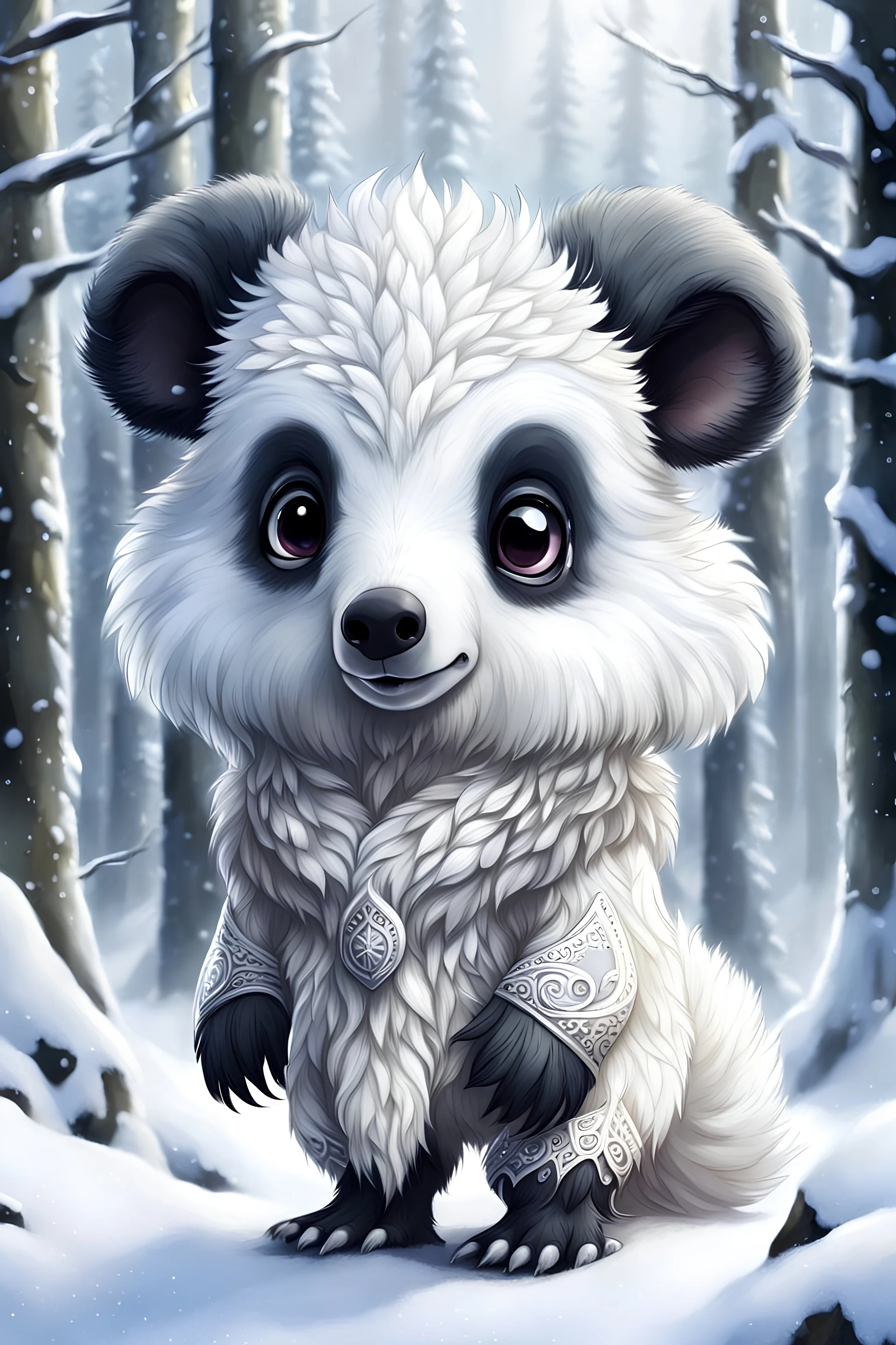 A chibi soft fluffy white furred, medium height mutant mammal with medium snout, big dark eyes, big tassel ears, a cute fantasy creature. Tundra forest , snow in the background. sharp focus, intricate details, masterpiece