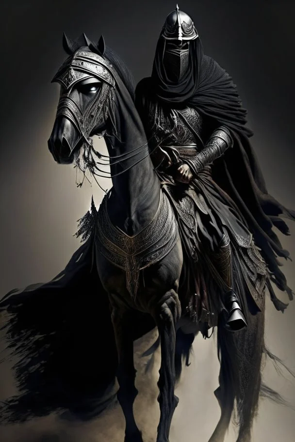 Arab warrior Full Body Full Armored Wearing Face Masculine Mysterious Powerful Fantasy High Quality Carrying his bow black clothes His horse behind him