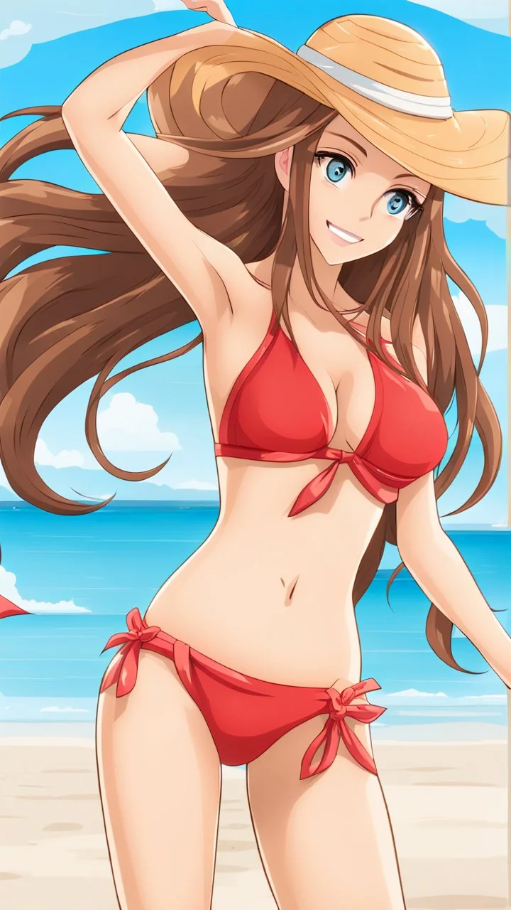 Attractive Anime Woman With Very Long brown Hair, Bikini, Full Body In Frame, Beach, Red Cheeks, Skinny, Looking At Camera, Smiling