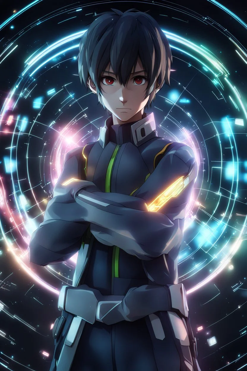 highly detailed and ultra realistic hologram of an anime character, realistic look, futuristic matric data display with colors, and striking,