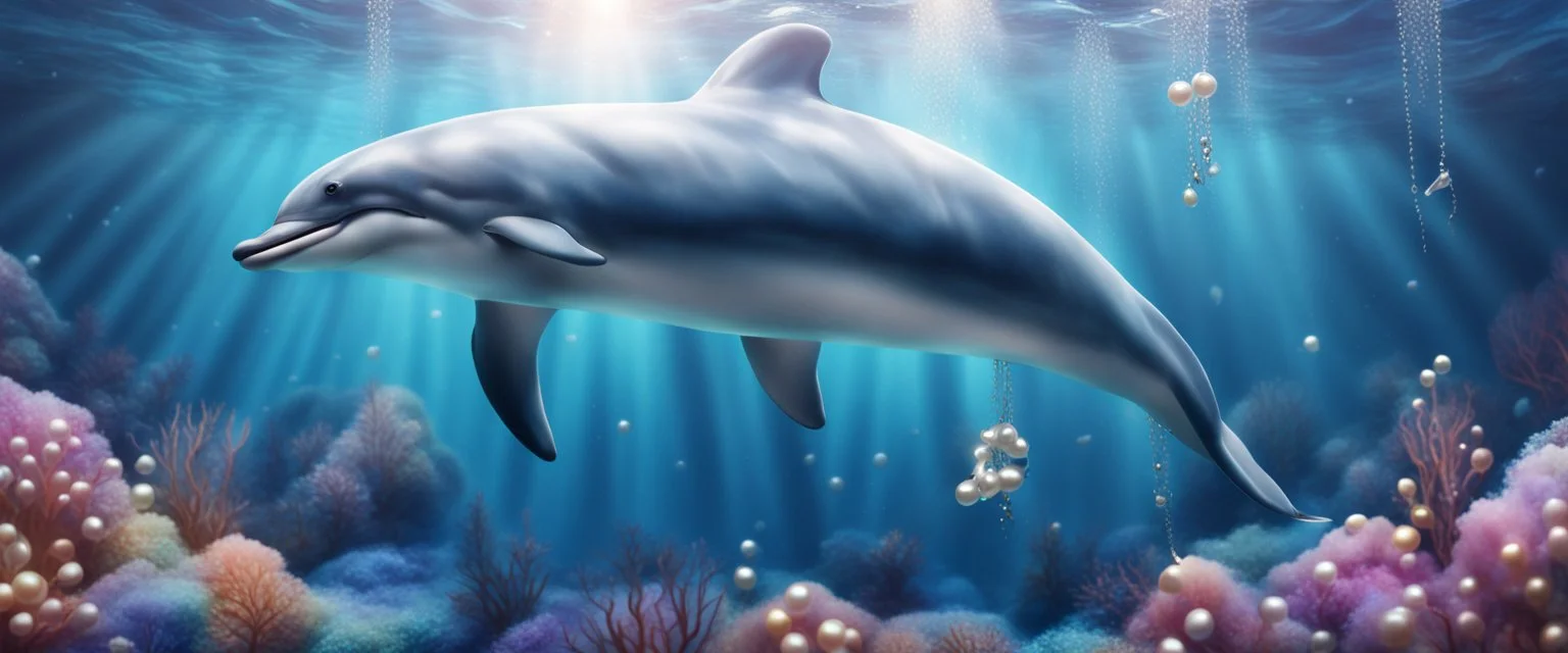 Hyper Realistic Cute Dolphin swimming under the ocean with pearls & crystals under water