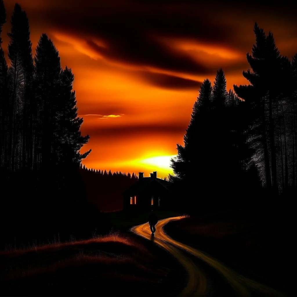 dark night, orange sunset colors in the sky, a lonely cottage in the distance on a mountain in the woods, a lonely dark silhouette walking down the road