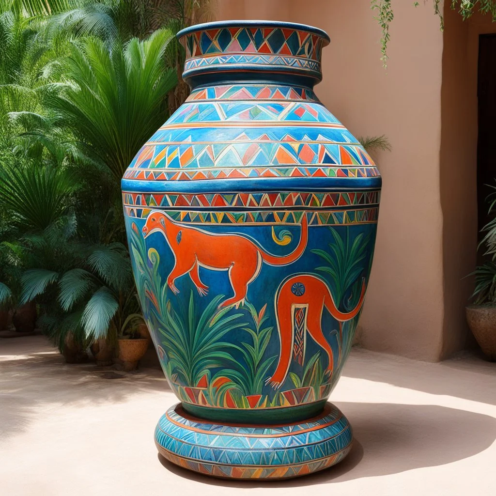 an incredibly tall painted Kabyle pot with the shape of an mystical animal in the jungle of an oasis