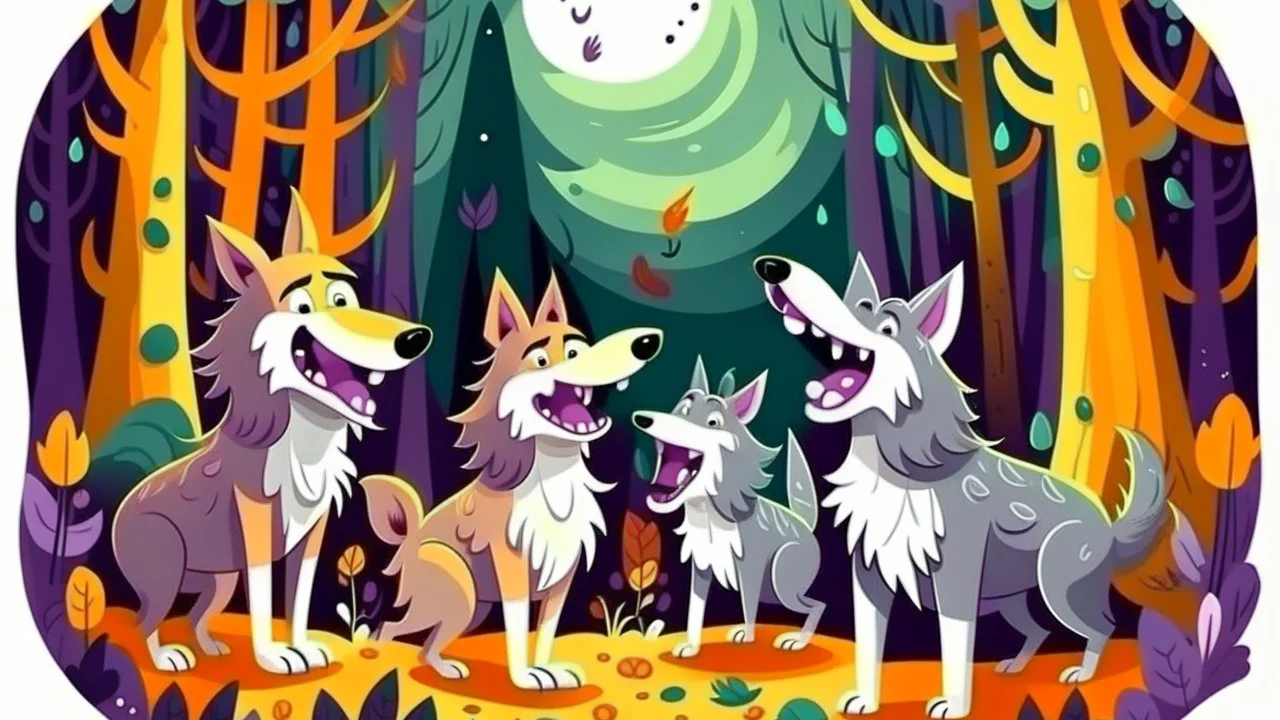 fantasy cartoon style illustration: happy wolves are singing in the woods