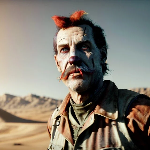 Ultra realistic mad max scene. clown sweet man, color fog, waist up view, Wes Anderson style, happy, highly detailed, concept art, unreal engine 5, god rays, ray tracing, RTX, lumen lighting, ultra detail, volumetric lighting, 3d, finely drawn, high definition, high resolution.