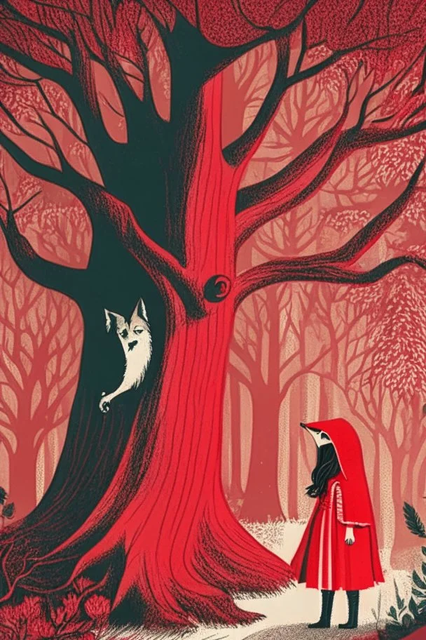 in a cosy vintage style, red riding hood marvels at a red tree while the big bad wolf lurks