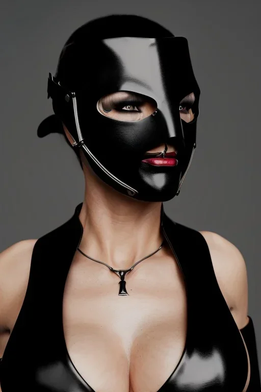 executioner in black leather, mature woman, skintight eye mask, busty, cleavage, evil, angry, bdsm, 8k,dark,