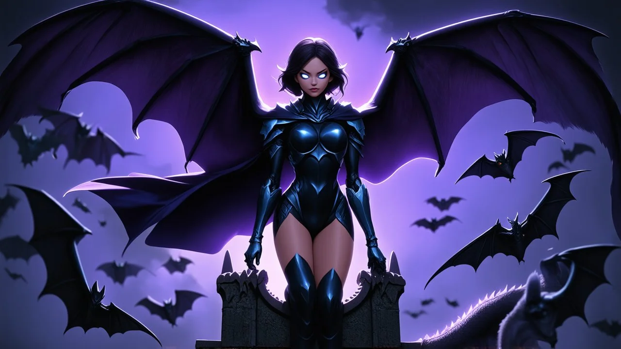 A mysterious female figure perches on a Gothic gargoyle. Her sleek costume blends bat-like wings with armored panels, shimmering in deep purples and blues. A cowl frames piercing eyes that glow with an otherworldly light. Her cape billows dramatically in the night breeze, transforming into a swarm of bats at its edges