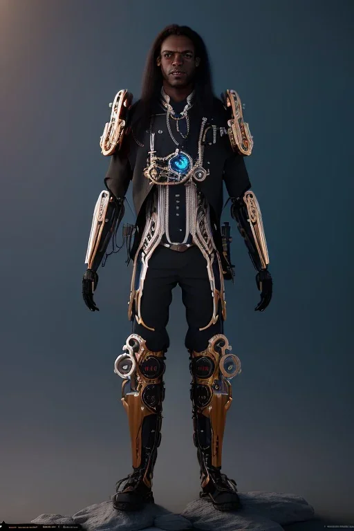 from the waist up portrait, male dark elf, ebony skin, long white hair, blue eyes, arms crossed, and wearing a golden steampunk exoskeleton powered by gears, in dark fantasy style