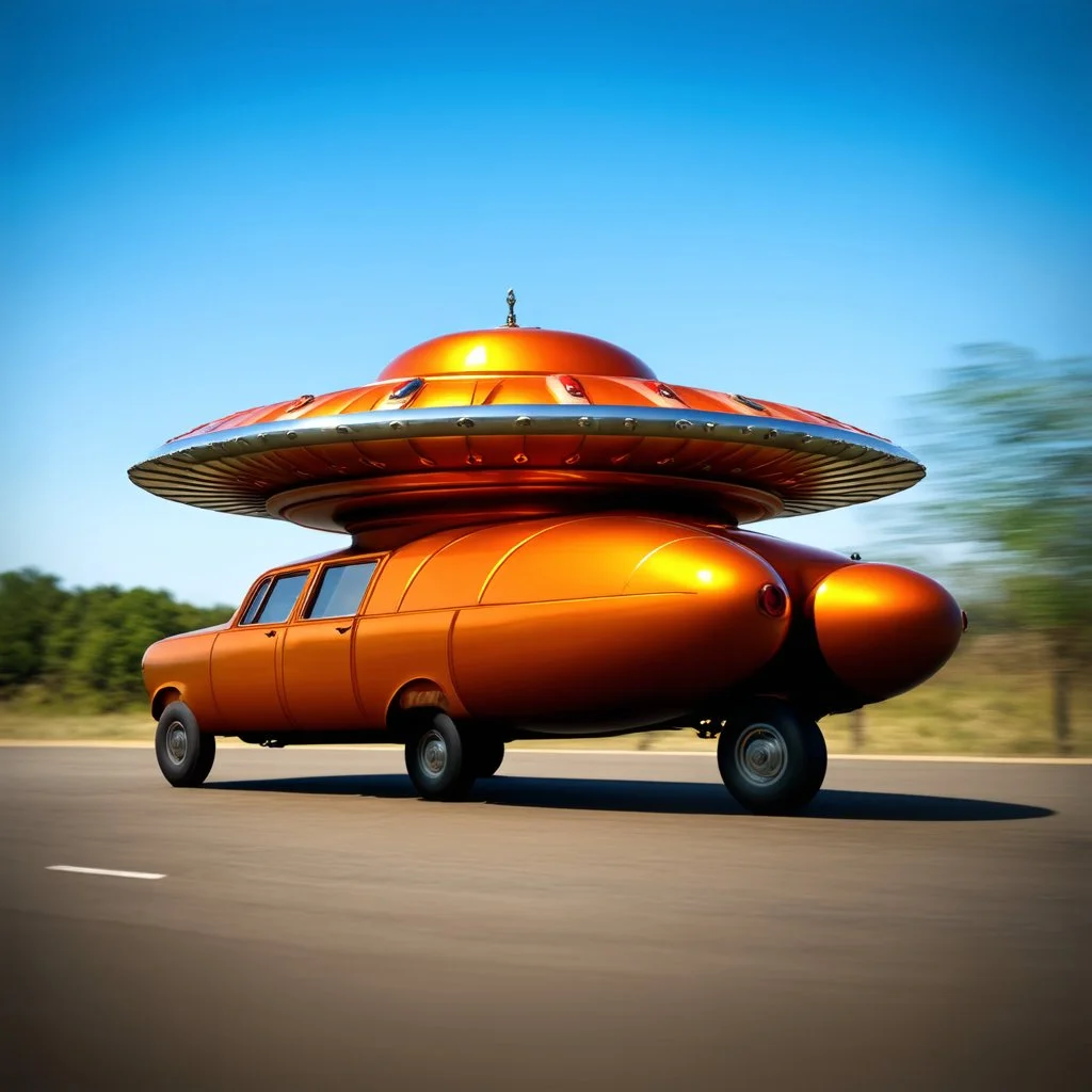 award winning photograph of a steampunk house-fly ufo genetic-splice designed by only one vehicle per image painted metallic orange traveling at a high rate of speed, jet intake off of front center of vehicle and jet exhaust out the rear bilaterally symetrical, more a high speed road vehicle