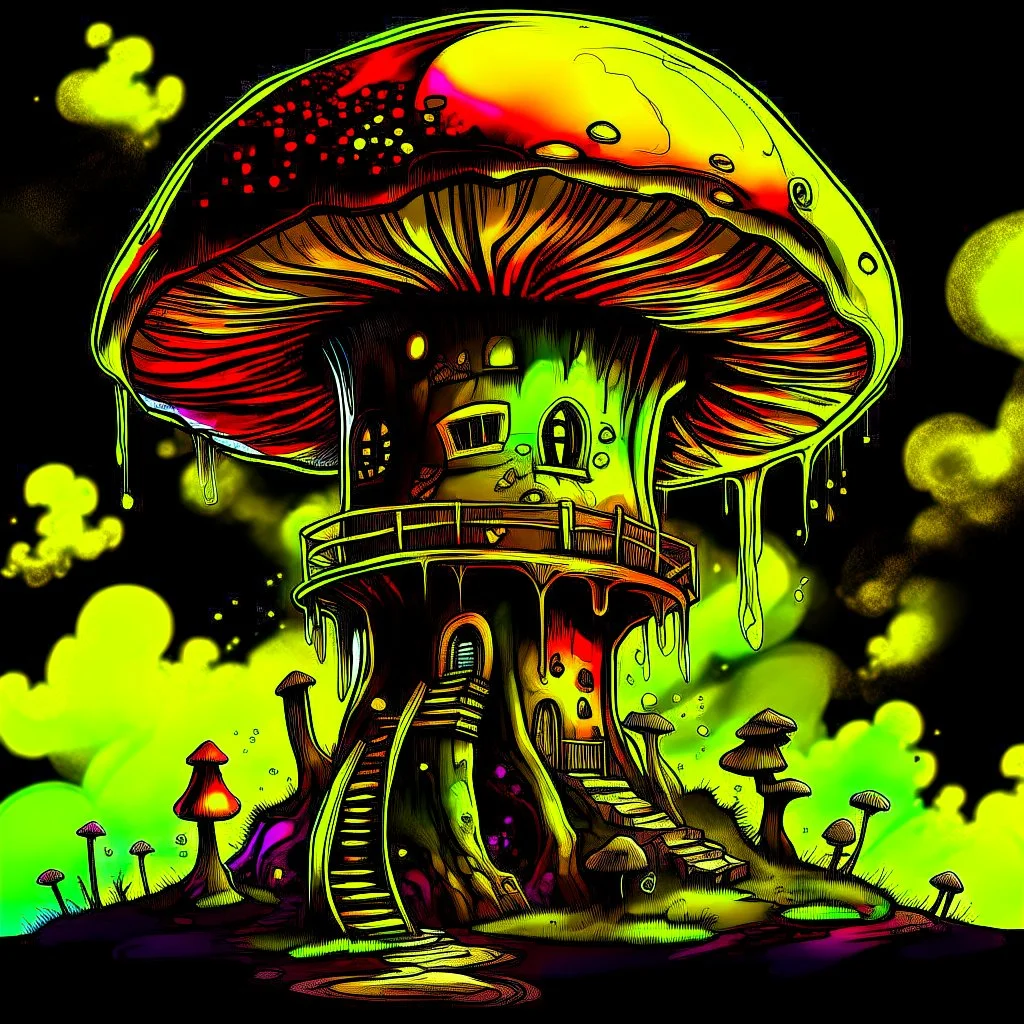 A fantabulous black, green, and yellow (((mushroom tower house))) erected atop a (geologic pillar), surrounded by the uncanny imaginative ((( swirling skies))), offset by the stark hues of a (neon-tinged nebulous space scape), within. captured by the hand a skilled master painter with a focus on (softly blurred compositions and voluminous lighting).