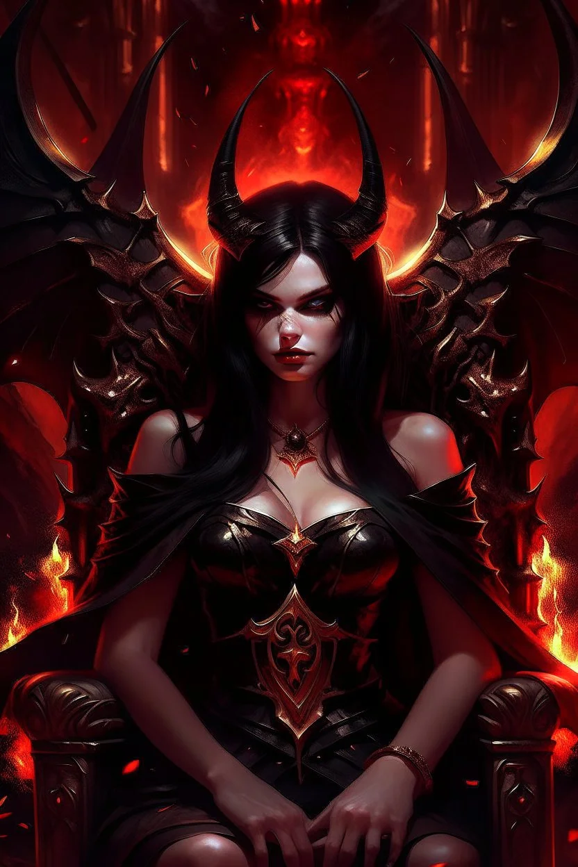 pretty woman, no faced, shadows on face, good body, big bubs, skin red , red body, black goat horns, black bat wings, long black haired, devil appearance, satan, belsebuth, asmodeus, pethagram, diabolic scars, black old armor, golden necklace cross, cape, throne, hell fire, darkness background.