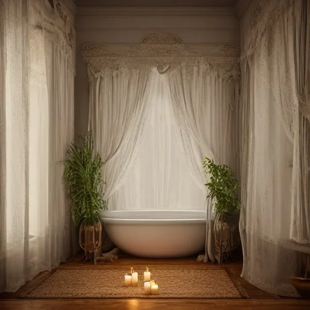 a gorgeous, stunning spa with gauzy curtains, beautiful, ornate bath, dark wood floor, plants, candles, flowers, tranquil, 8k resolution, high-quality, fine-detail, digital art, detailed matte, volumetric lighting, illustration, 3D octane render, brian froud, howard lyon, selina french, annie stokes, lisa parker, greg rutowski,