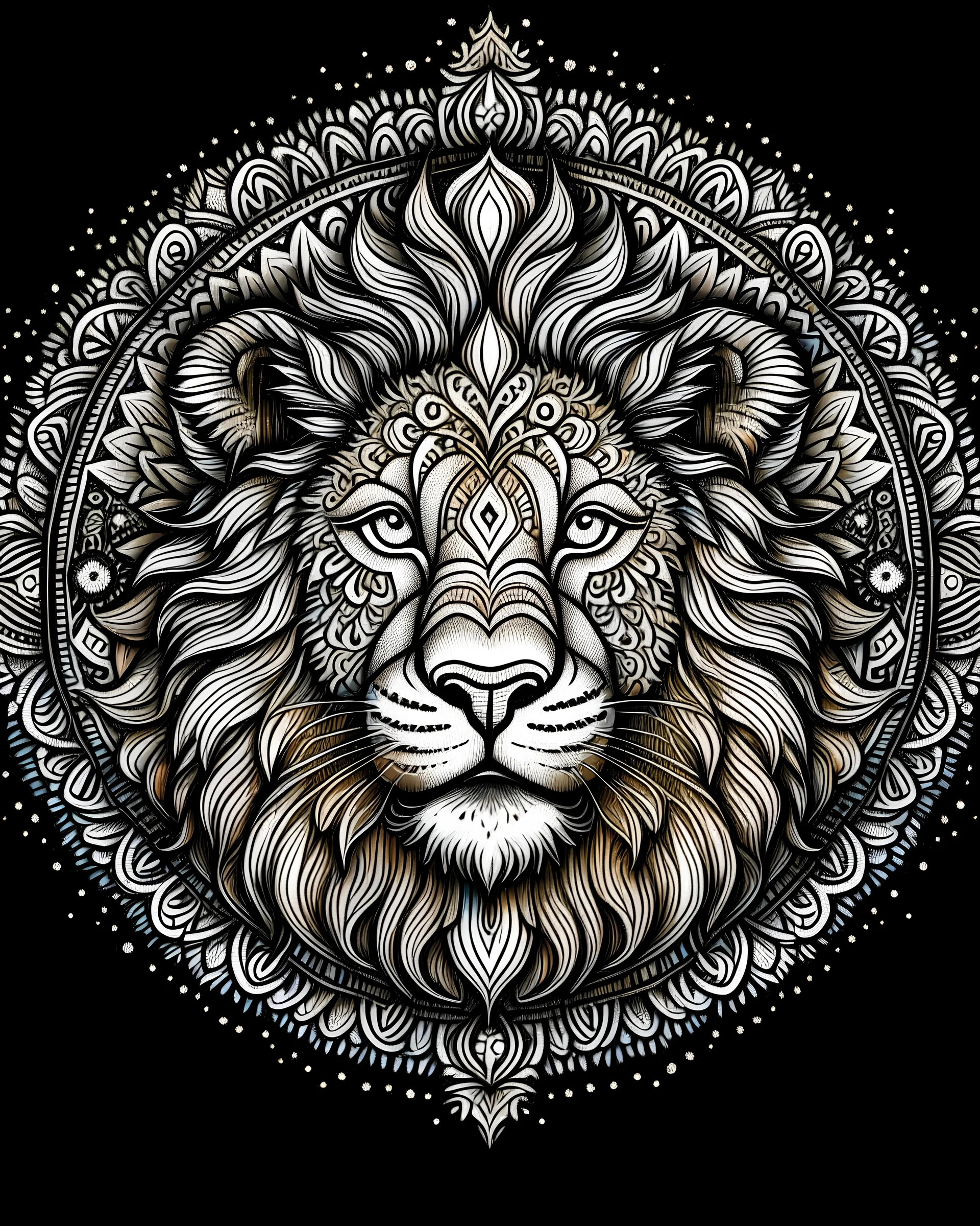 mandala lion, coloring page, with photo realistic concept art no background, black and white still, digital Art, perfect composition, beautiful detailed intricate insanely detailed octane render trending on artstation, 8 k artistic photography, photorealistic concept art, soft natural volumetric cinematic perfect light, chiaroscuro, award - winning photograph, masterpiece, oil on canvas, raphael, caravaggio, greg rutkowski, beeple, beksinski, giger, black and white still, digital Art, perfect c