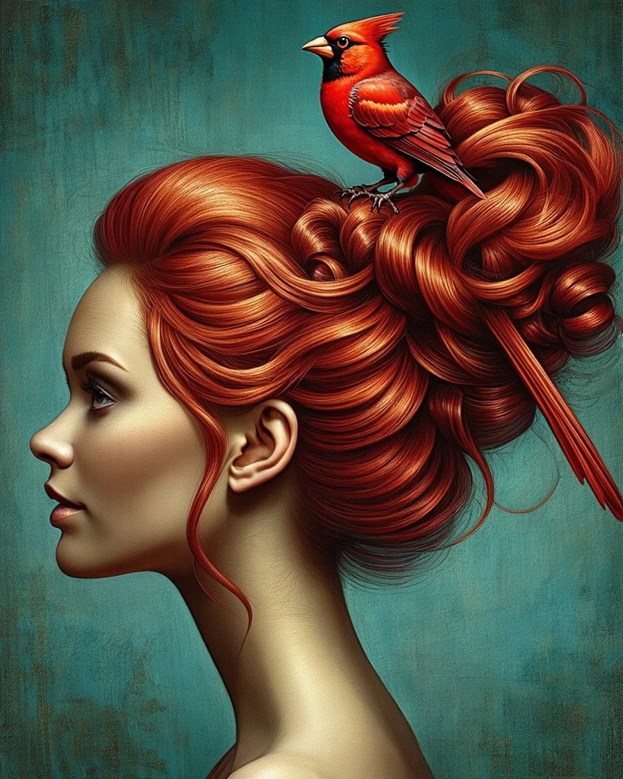 Create an image of a woman in profile view with vibrant red hair styled in an elaborate updo. On top of the hair, place a bright red cardinal bird perched gracefully. The background should be a textured teal color that provides a contrast to the warm tones of the hair and bird, enhancing the overall artistic appeal of the composition.