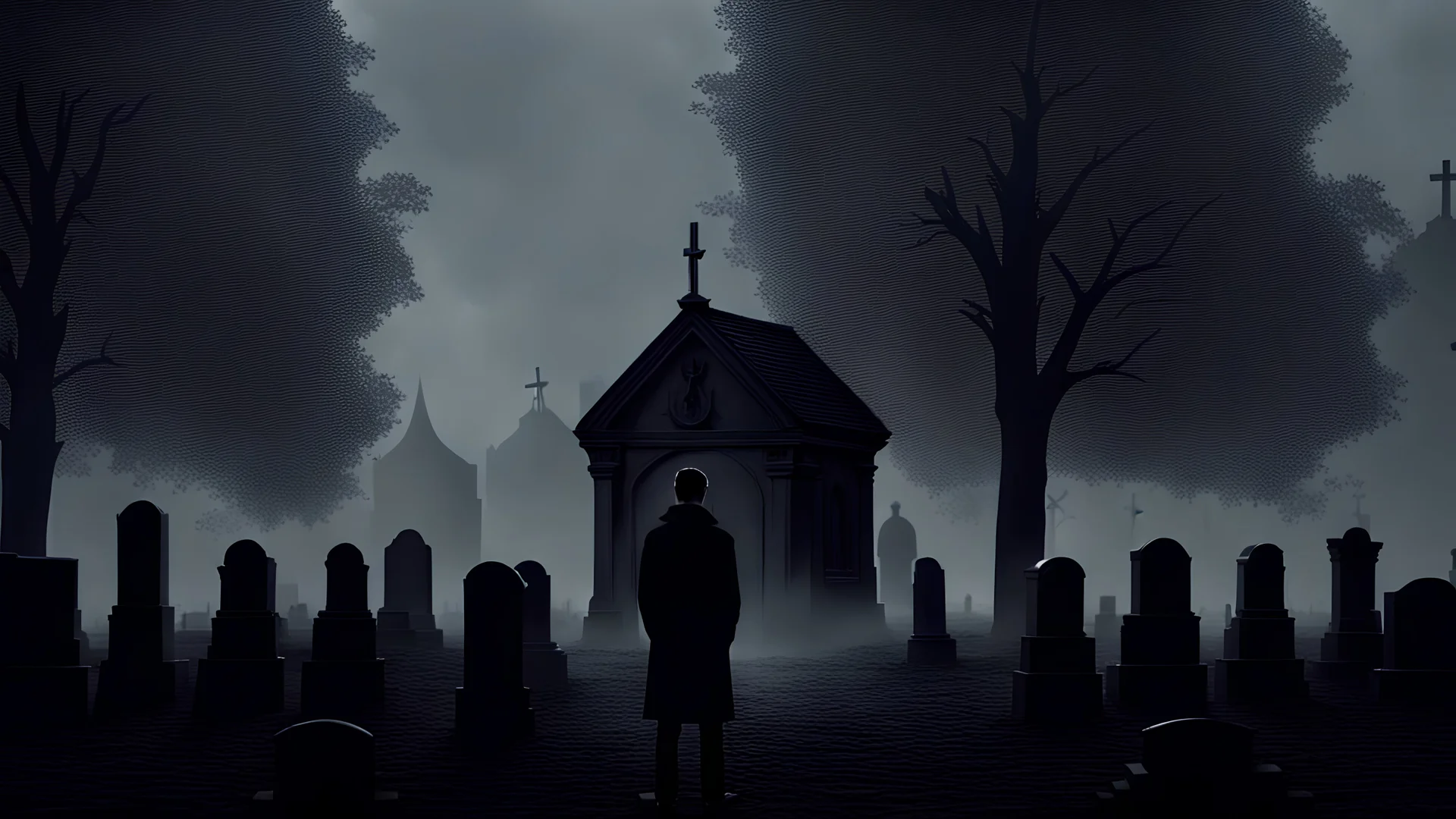 A still from a horror movie. A young guy in black clothes stands against the backdrop of a gloomy cemetery near a lonely grave, gray tones.