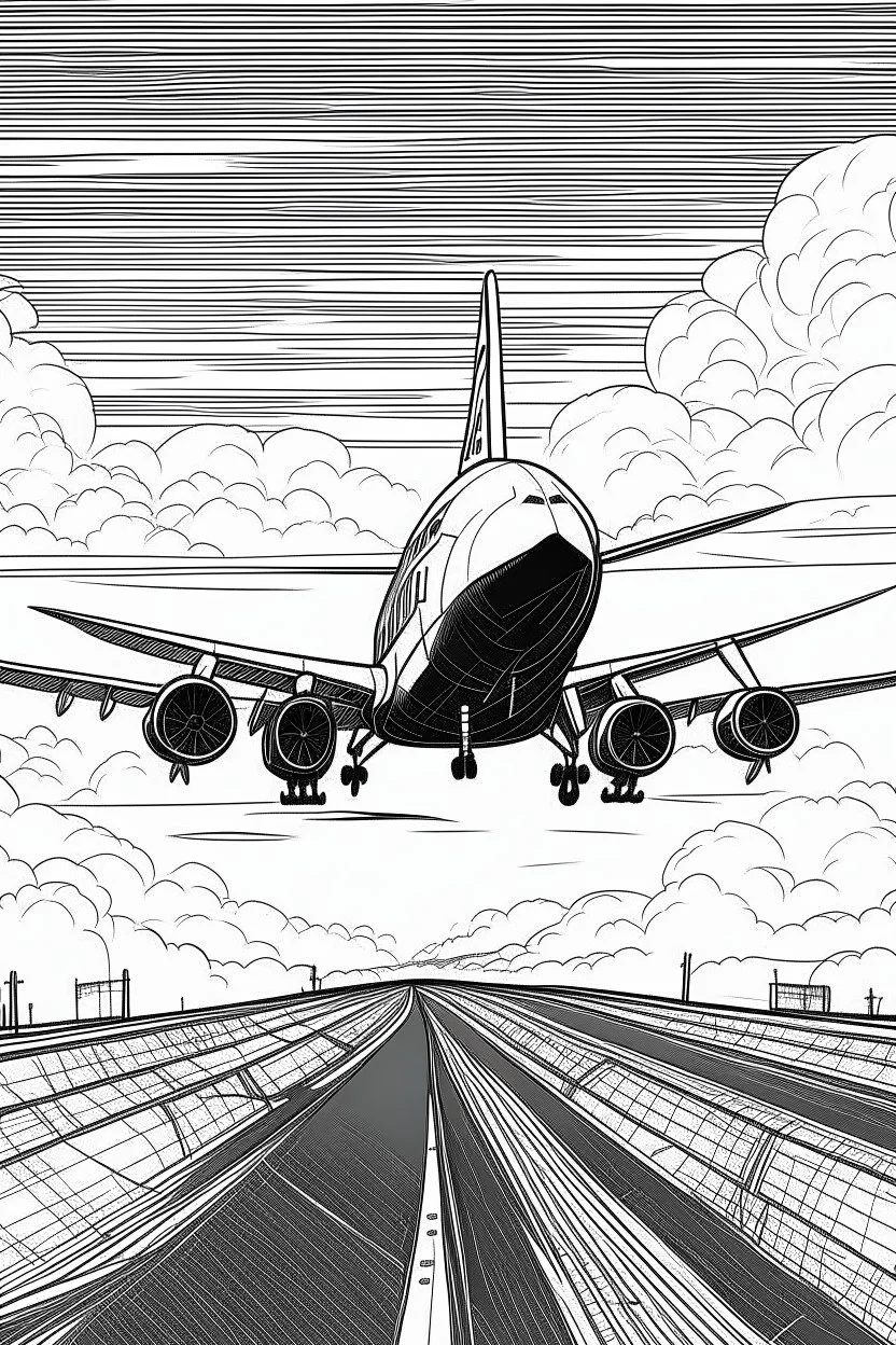 Outline art, no shading, aeroplane on the road, black and white, no shading, ow detail, --ar 9:11