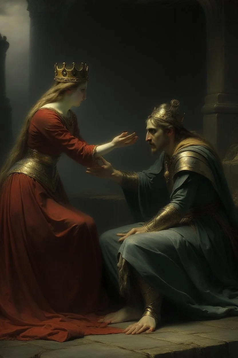 Lady macbeth tempting her husband with a crown