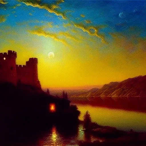 Drawing of 'Medieval Romanian Castle',mountain,lake,full moon, by gaston bussiere, greg rutkowski, yoji shinkawa, yoshitaka amano, tsutomu nihei, donato giancola, tim hildebrandt, oil on canvas, cinematic composition, extreme detail,fit full head inside picture,16k