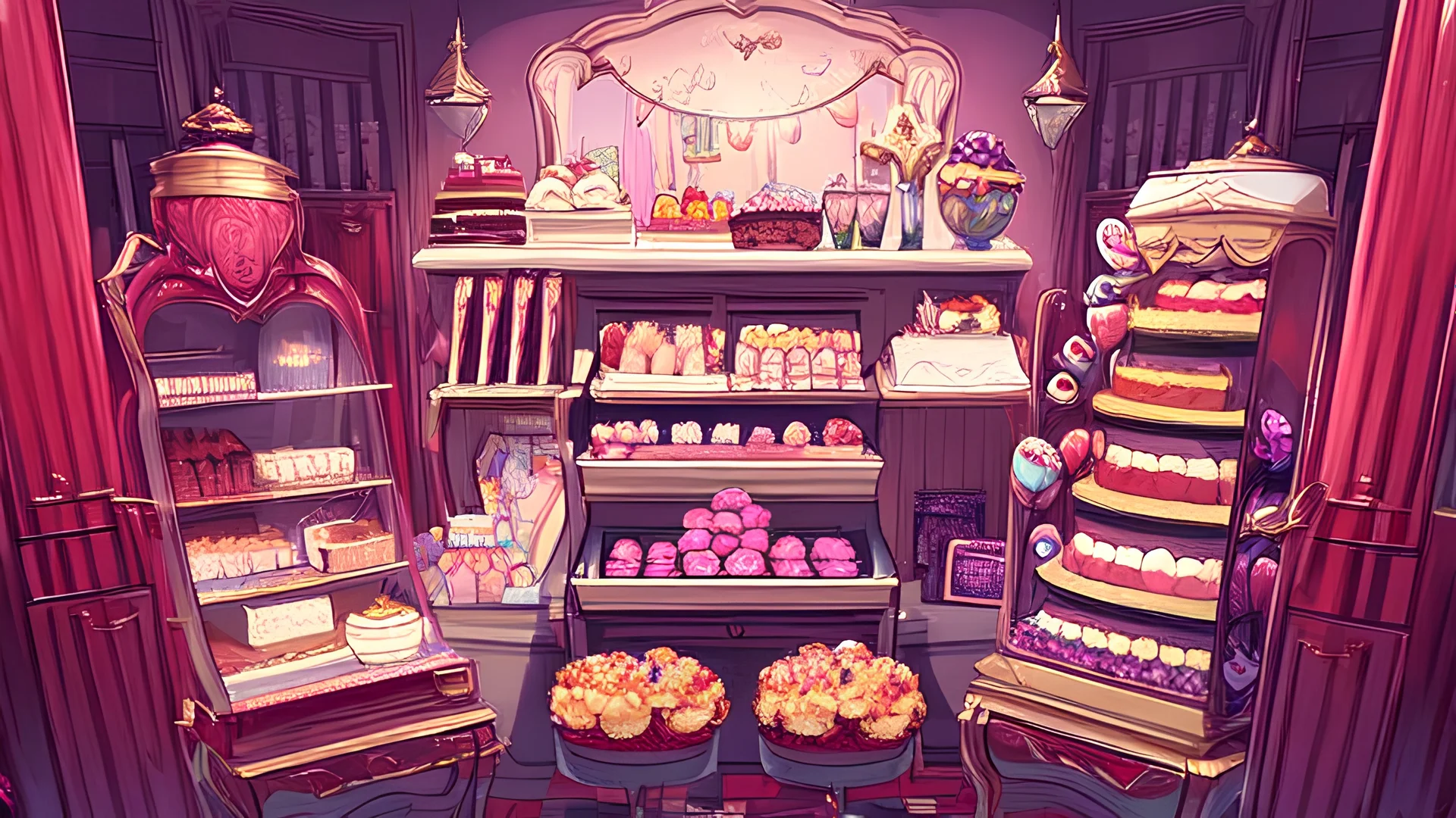 A photo of a pastel pink candy shop with cute aesthetics, the floor has a cute noble red carpet. Purple walls, red shelves and the shelves are filled with cakes with several toppings and layers