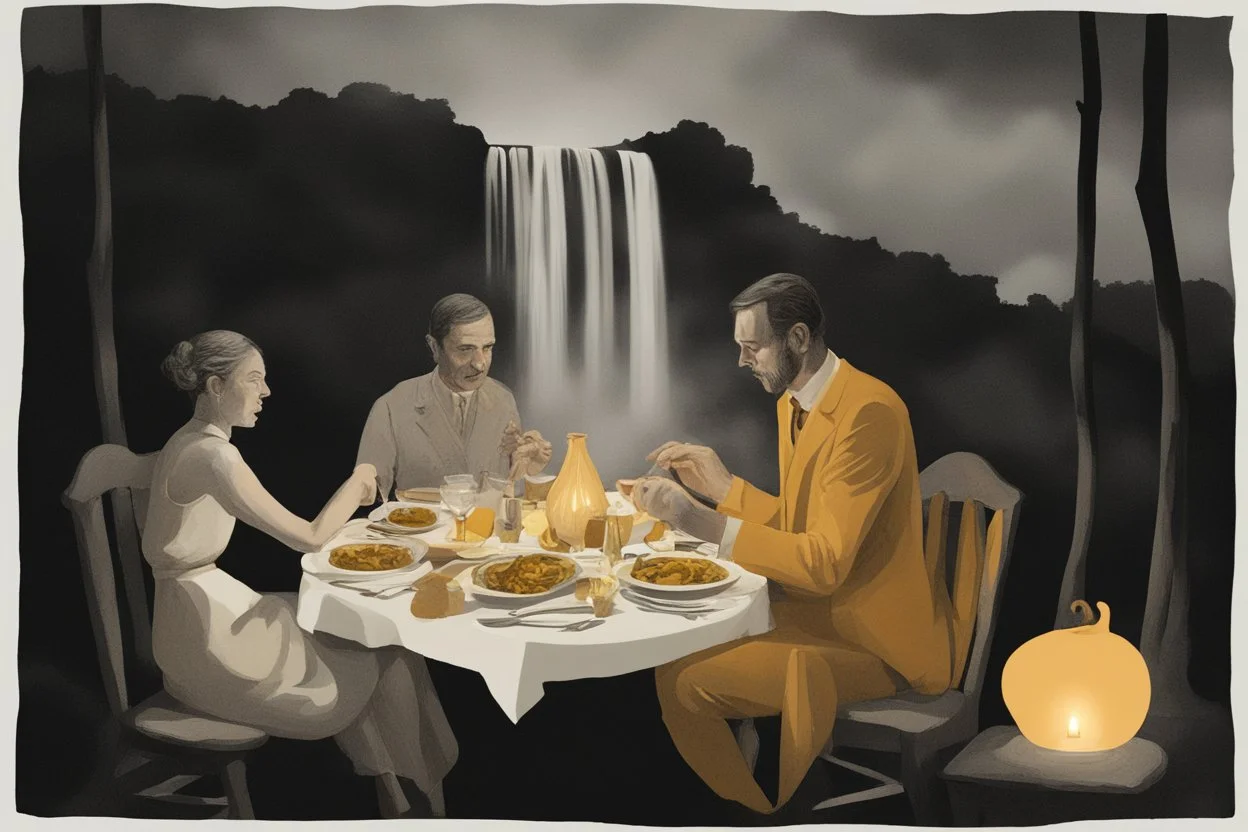 ochre caricarure of dinner in candlelight, double exposure waterfall landscape at night