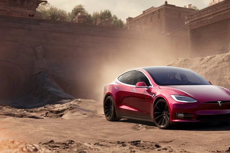 A Tesla 'Model S' is drifting at high speeds, within the trench of the Death Star. (CINEMATIC, WIDE ANGLE LENS, PHOTO REAL)