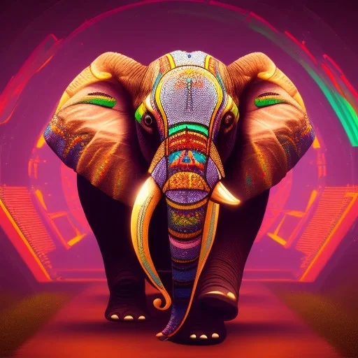 A beautiful portrait of a cyborg elephant neon color scheme, high key lighting, volumetric light high details psychedelic background