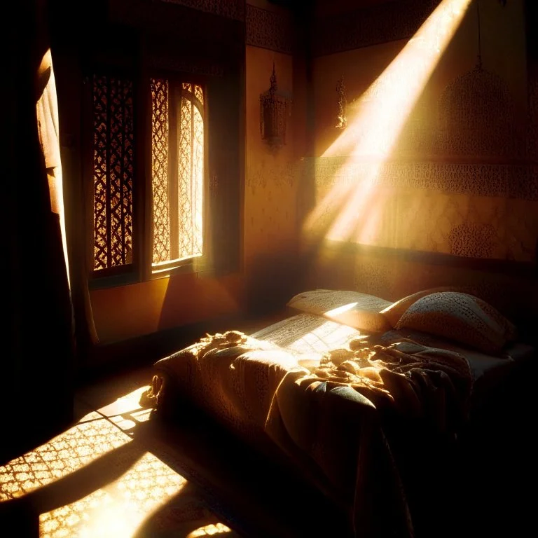 a pinhole camera photo of sunlight streaming into a sumptuous Arab-style bedroom