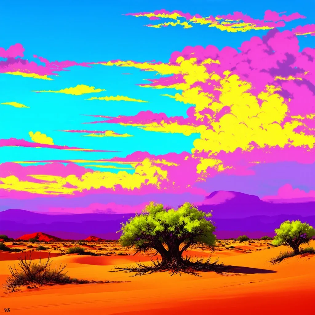 beautiful vibrant colors, landscape of Jousha Tree National Park, pop art, clouds, sunset, dunes, sand, poster, Arizona