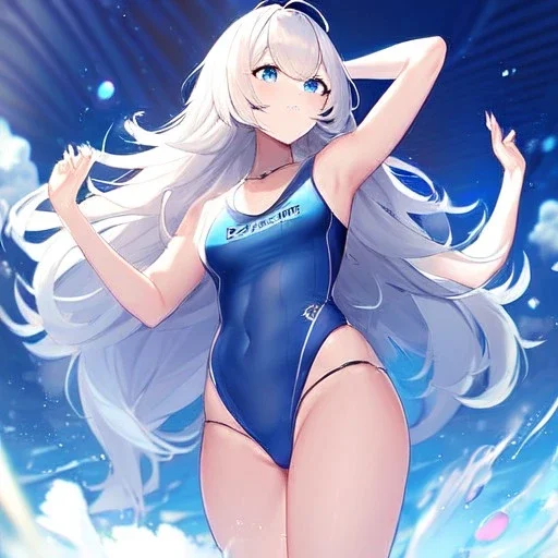 Clear focus, High resolution, Medium length fluffy hair, blue eyes, wearing a swimsuit