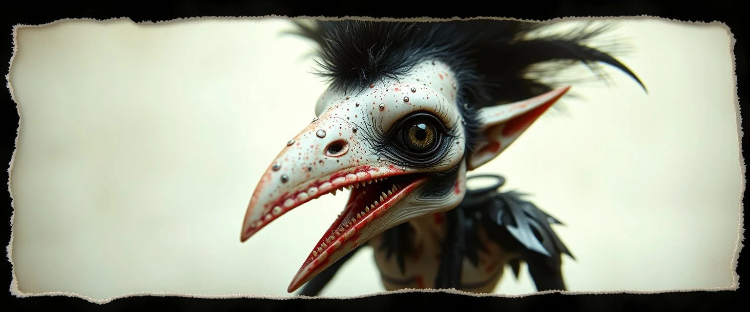 3d airbrush render, magpie elf vampire alien dodo , pinhole cam, airbrush 3d rendering, in the style of Titian and Dali , torn edges on border
