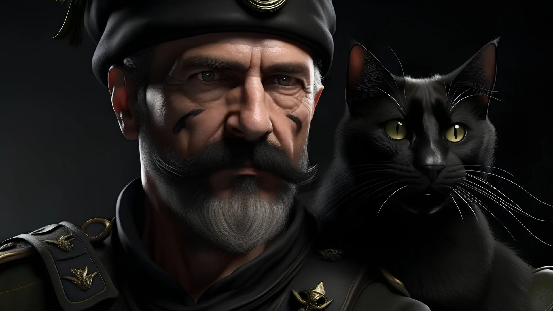 Black conquistador with the long mustache and a goatee in rambo gear with a black cat as a soldier in combat, high definition , 8k, realism