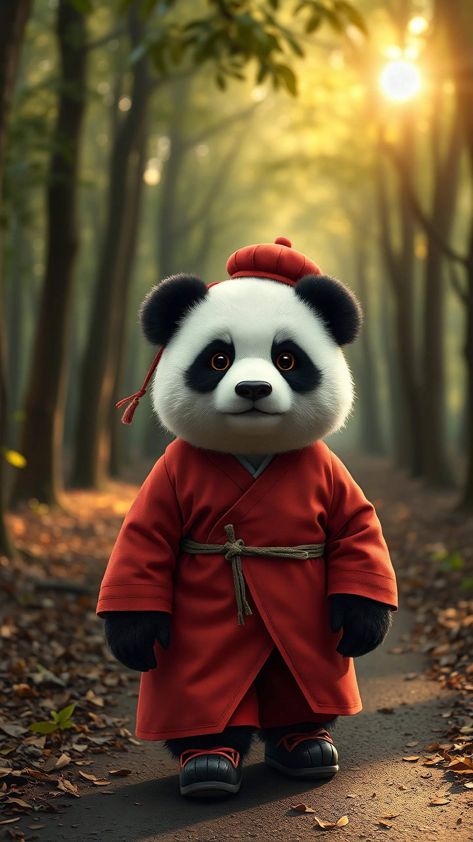 A realistic anthropomorphic panda is dressed in a red hanbok (Chinese traditional costume), with cloth shoes and a small bowler hat slung over its head. The panda walks steadily along a forest path as the sun shines through the gaps in the leaves. The panda's fur is delicate and his large eyes look straight ahead with a rich expression. The atmosphere of the image is cozy and elegant, reminiscent of vintage style.